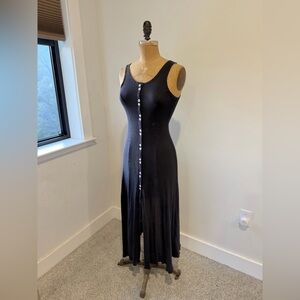 Vintage 90s Grunge Faded Black Button-Down Knit Midi Dress